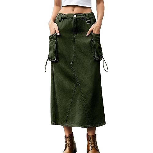 Jeans Rock Damen Midi, Midirock mit Taschen, Jeansrock Schwarz Beige Lang High Waist Röcke Hosenrock Große Größen Wickelrock Frauen Skirt Swing Einfarbig Freizeitrock Herbstrock Sommerrock Elegant von Generic