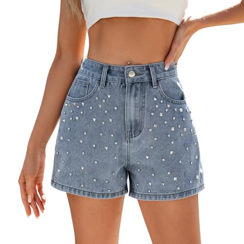 Jeans Shorts Damen High Waist Denim Kurze Hose mit Strass Perlen Jeanshose Kurz Hotpants Teenager Mädchen Sommer Short Destroyed Zerrissener Jeansshorts Casual Bermuda-Shorts Sommershort mit Taschen von Generic