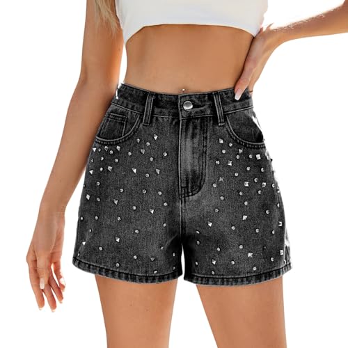 Jeans Shorts Damen High Waist Denim Kurze Hose mit Strass Perlen Jeanshose Kurz Hotpants Teenager Mädchen Sommer Short Destroyed Zerrissener Jeansshorts Casual Bermuda-Shorts Sommershort mit Taschen von Generic