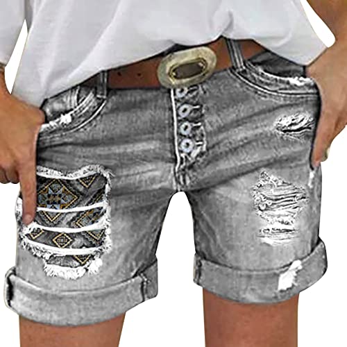 Jeans Shorts Damen High Waist Jeansshorts Denim Bermuda-Shorts Basic Stretch Shorts mit Aufschlag Tarnung Kurze Hose Short Boyfriend Caprihose Ripped Loch Hotpants Shorts im Used Look von Generic