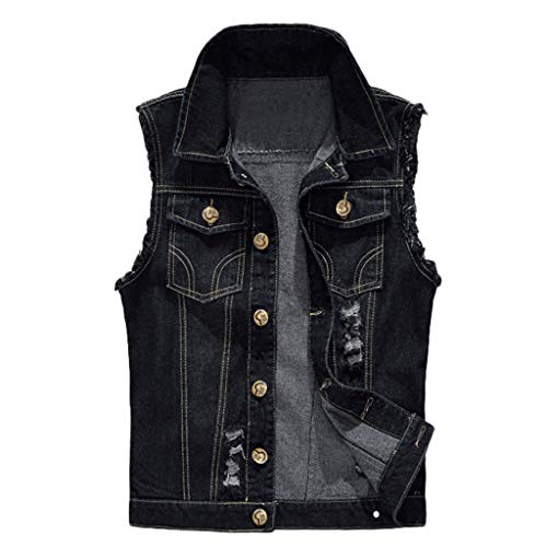 Jeans Weste Schwarz Herren - Denim Weste Biker Casual Jeansjacke Ohne Ärmel Revers Jeansweste Oversized Denim Jacket Mit Taschen Stretch Bikerweste Baumwolle Sommerjacke Ärmellose-Streetwear von Generic