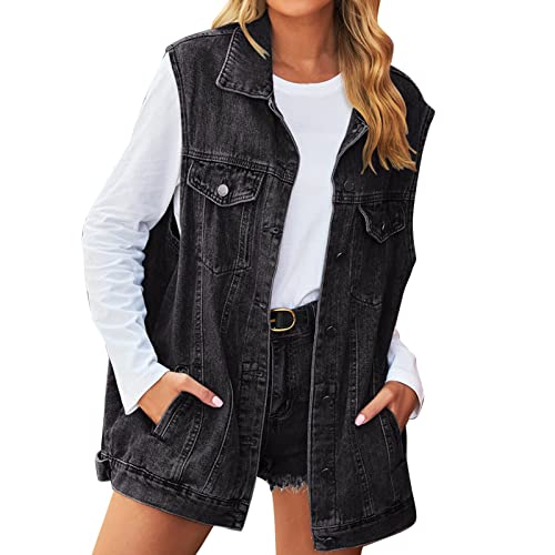 Jeans Weste für Damen Oversized Damen Lose Casual Klassische Denim Jacke Ärmellose Jeansjacke Button Down Denim Weste Jacken Beiläufige Jeansweste Denim Vest Frühling Cardigan Top Outwear von Generic