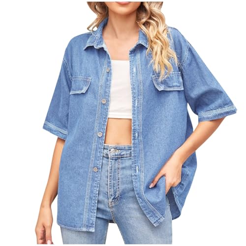 Jeanshemd Damen Imitate Denim Shirt Button Down Hemd Sommer Kurzarm Tops Einfarbig Bluse Oberteile mit Tasche Basic T-Shirt Revers Freizeithemden Hemdbluse Fake Jeansbluse Longshirt Blusenshirt Jeanshemd Damen Imitate Denim Shirt Button Down Hemd Sommer Kurzarm Tops Einfarbig Bluse Oberteile mit Tasche Basic T-Shirt Revers Freizeithemden Hemdbluse Fake Jeansbluse Longshirt Blusenshirt von Generic