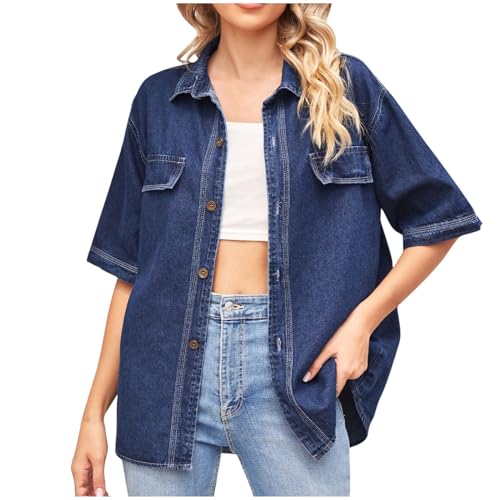 Jeanshemd Damen Imitate Jeans Bluse Revers Button Down Hemd Einfarbig Shirt Lockere Kurzarm Tops Lässige Oberteile mit Tasche Basic T-Shirt Sommer Jeansbluse Longshirt Blusenshirt Hemdbluse von Generic
