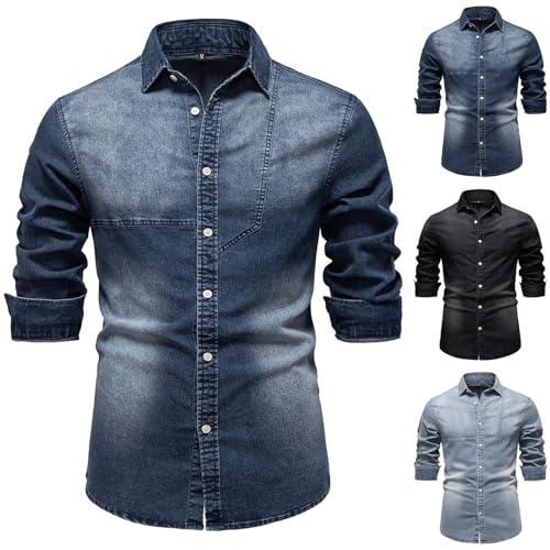 Jeanshemden Herren Langarm Blau Jeanshemd Baumwolle Regular Fit Freizeithemden für Herren Cowboy Style Freizeit Hemd Langarm Denim Shirt Männer Arbeitshemd Langarmhemd (Dark Blue, XXL) von Generic