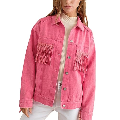 Jeansjacke Damen Fransen Wasserdicht Warm Damen-Jeansmantel mit langen Ärmeln, Fransen, Baggy-Jackenoberteil Blusenjacke Jacke Trendcoat Damen Mantel Frühling (Hot Pink, L) von Generic