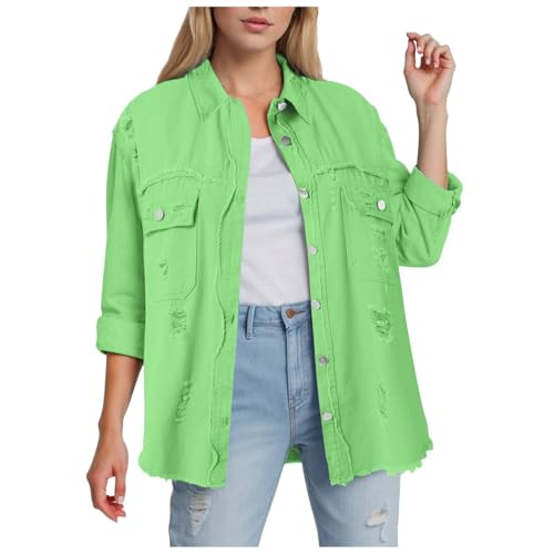 Jeansjacke Damen Frühling Casual Langarm Denim Jacken Vintage Ripped Übergangs Mantel Sommer Oversized Leichte Jacke Oversize Jeansjacke Damen(02-Light Green, XL) von Generic