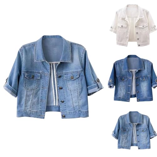 Jeansjacke Damen Kurz Denim Jacke Oversize Coat Kurzarm Sommerjacke Übergangsjacke Elegant Einreihig Umlegekragen Jeans Jacke Streetwear Leichte Outdoorjacke Freizeitjacken von Generic