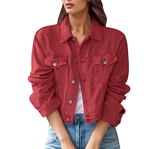 Jeansjacke Damen Kurz Denim Jacke Winter Herbst Mode Frauen Lapel Jeansjacke Rosa Rot Trucker Vintage Boyfriend Übergangs Jeans Mantel Slim Fit Skinny Streetwear mit Tasche (Red, XXL) von Generic