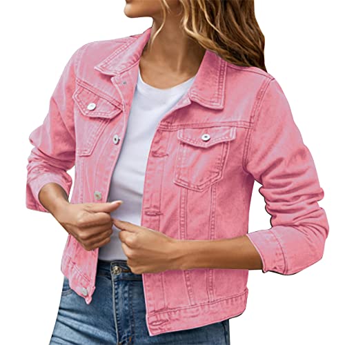 Jeansjacke Damen Kurz Leichte Frühlingsjacke Vintage Einfarbig Stretch Kurzjacke Frauen Dünne Jeans Jacke Mode Button Down Sommerjacke Täglich Übergangsjacke von Generic
