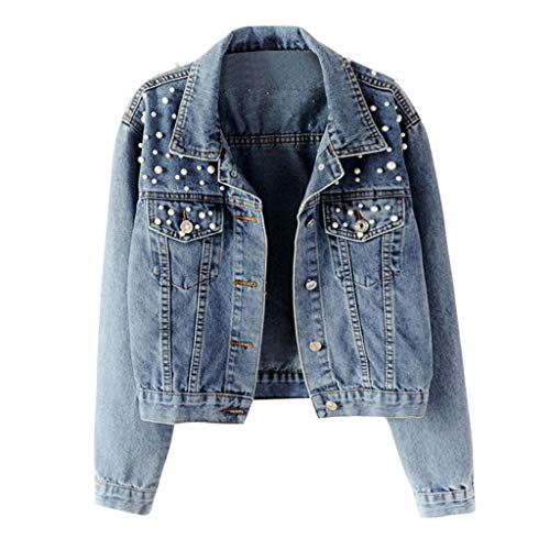 Jeansjacke Damen Kurz Perle Jeans Jacke Blouson Leichte Denim Übergangsjacke Damen Langarm Causul Cowboy Mantel Stretch Dünne Winterjacke Damen Elegante Outdoor Jeansjacken Sweatjacke von Generic