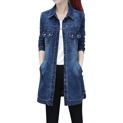 Jeansjacke Damen Lang Oversize, Trenchcoat Damen Lang Winter Revers Jeans Mantel Parka Jacke Mit Tasten Elegant Denim Winter Jeansmantel Baumwolle Übergangsjacke Slim Fit Winterjacke Übergangsmantel von Generic