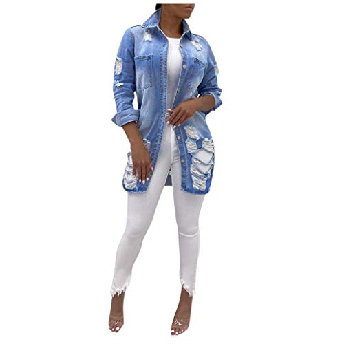 Jeansjacke Damen Lang Oversize - Übergangsjacke Vintage Jean-Mantel Übergangs Ripped Denim-Jacken Distressed Jeansjacken Langarm Einfarbig Freizeitjacke Frauen Aesthetic Streetwear von Generic