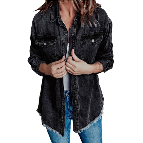 Jeansjacke Damen Oversize Button Down Hemdjacke mit Fransen Saum Langarm Ripped Jeanshemd Frühling Herbst Jeans Jacken für Damen Übergangsjacke Damen Vintage Jean Mantel Übergangs Ripped Denim Jacke von Generic