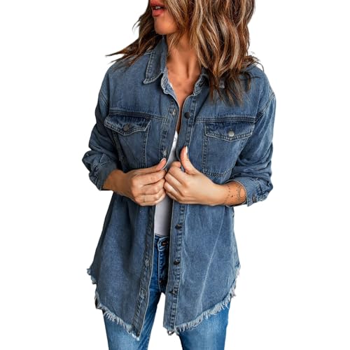 Jeansjacke Damen Oversize Button Down Hemdjacke mit Fransen Saum Langarm Ripped Jeanshemd Frühling Herbst Jeans Jacken für Damen Übergangsjacke Damen Vintage Jean Mantel Übergangs Ripped Denim Jacke Jeansjacke Damen Oversize Button Down Hemdjacke mit Fransen Saum Langarm Ripped Jeanshemd Frühling Herbst Jeans Jacken für Damen Übergangsjacke Damen Vintage Jean Mantel Übergangs Ripped Denim Jacke von Generic