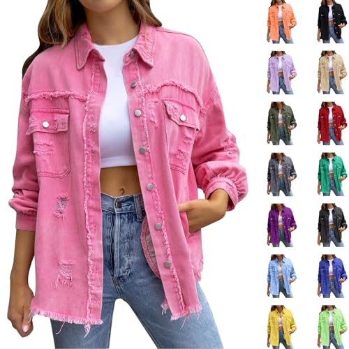 Jeansjacke Damen Oversize Frayed Jeansjacken Vintage Übergangsjacke Jacke Denim Jeansmantel Button Down Retro Damen-Jacken Y2K Streetwear Langarm Oberteile Freizeitjacke von Generic