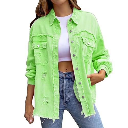 Jeansjacke Damen Oversize Frayed Jeansjacken Vintage Übergangsjacke Jacke Denim Jeansmantel Button Down Retro Damen-Jacken Y2K Streetwear Langarm Oberteile Freizeitjacke von Generic