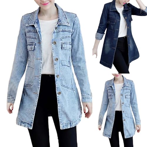 Jeansjacke Damen Oversize Lang - Jeans Jacken für Damen Oversize - Jeansjacken Damen Stretch Große Größen - Übergangsjacke Winterjacke Denim-Jacket Leicht Einreihig Jeansmantel Outwear von Generic