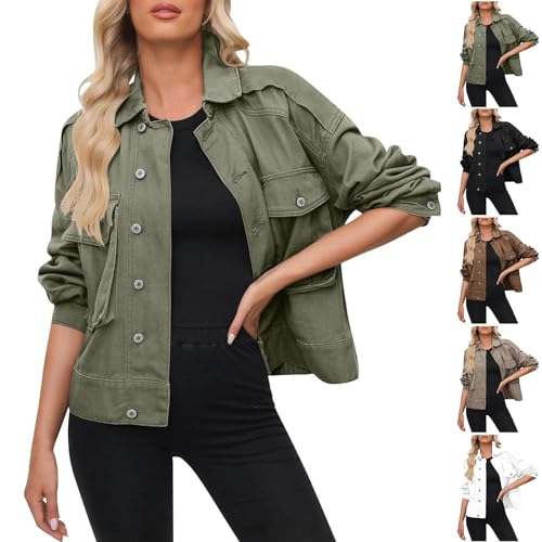Jeansjacke Damen Patchwork Einfarbig Work Jacket Kurz Sweatblazer mit Taschen Button-Down Revers Work Coat Autumn Winter Jean Jacken Vintage Teenager Mädchen Mantel Übergangsjacke Sportjacke von Generic