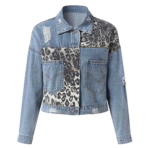 Jeansjacke Damen Übergangsjacke Oversize Jacke mit Leopardenmuster Denim Jeansmantel Langarm Overshirt Fashion Jeansjacken Y2K Streetwear Freizeitjacken von Generic