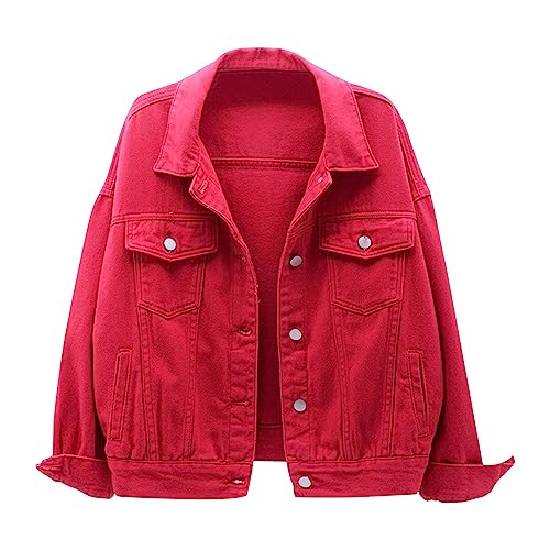 Jeansjacke Damen kurz Denim Jacke Stretch Denim Jacke Winter Herbst Mode Trend Frauen Lapel Jeansjacke Rot Trucker Vintage Boyfriend Übergangs Jeans Mantel Slim Fit Streetwear (Red, XXXL) von Generic