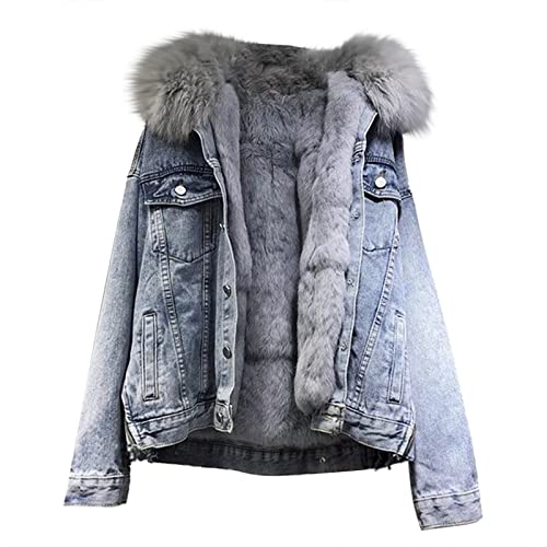 Jeansjacke Damen mit Fellkapuze Fleece Gefüttert Dicke Warme Jeansmantel Kurze Jeans Jacke Mantel Winterjacke Wintermantel übergangsjacke Denim Mantel (Blue, S) von Generic