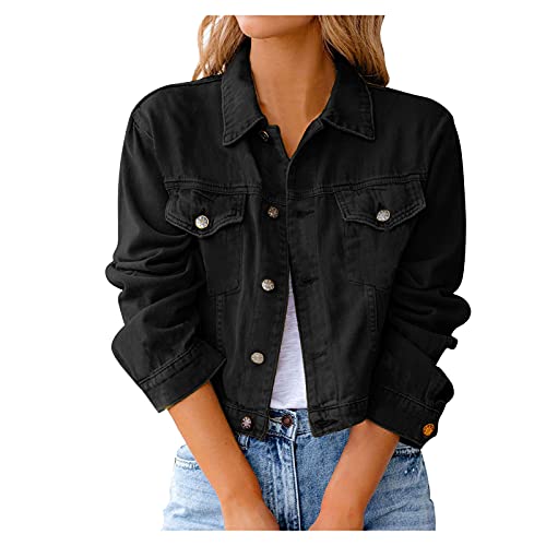 Jeansjacke für Frauen Retro Casual Revers Button Down Langarm Tasche Distressed Kurz Denim Shirt Dame Mädchen Mantel Kaltes Wetter Mantel Frauen, Schwarz , 42 von Generic