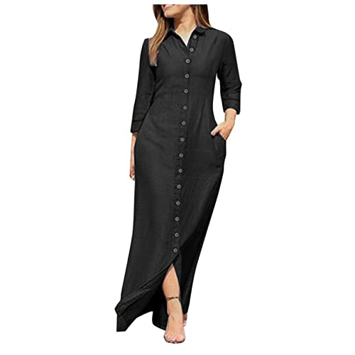Jeanskleid Damen Herbst Lang Einfarbig Maxikleid Damen Winter mit Knopfleiste Tunika Kleid Damen Elegant mit Kragen Langarm Kleid Damen A Linie Kleider Damen Herbst Winter mit Taschen von Generic