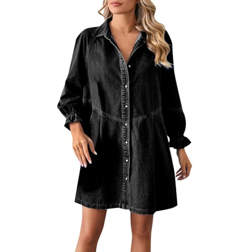 Jeanskleid Damen Knielang Kleid Damen Langarm Kleider mit Button Down Denim Shirt Casual Midikleid Elegant Freizeitkleid Mode Strandkleid Ragwear kleid Party Herbstkleid von Generic