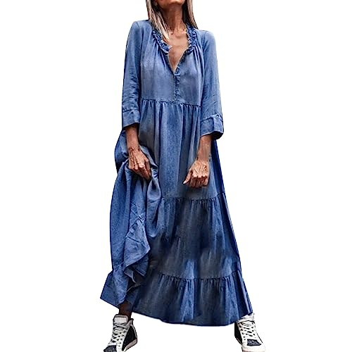 Jeanskleid Damen Lang Hemdkleid Sommer Langarm Maxikleid Jeanskleider mit Rüschen Mädchen Kleidung Kleider Casual Latzrock Freizeitkleid Einfarbiges Strapskleid Blusenkleid von Generic