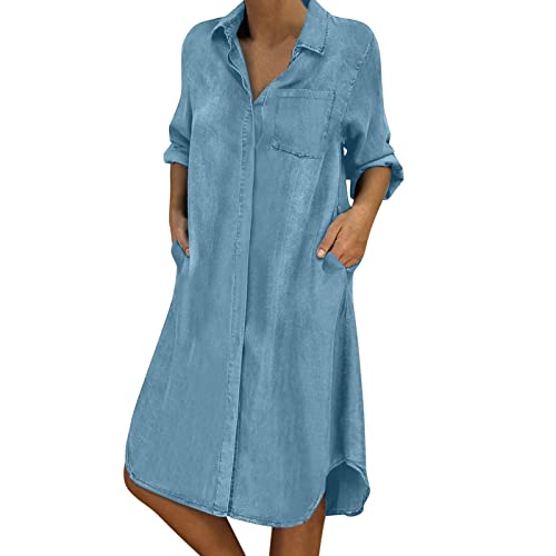 Jeanskleid Damen Sommer Knielang - Jeanshemd Damen Oversized Jeanskleider Langarm Sommerkleid V-Ausschnitt Hemdblusenkleid Vintage Partykleid Tunika Hemd Blusenkleid Denim-Kleid Strandkleid von Generic