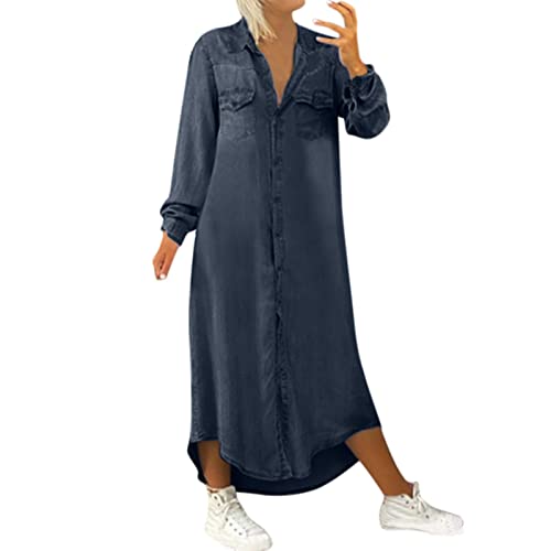 Jeanskleid Damen Sommer Langarm Lang Maxi Kleider Jeanskleider Casual Maxikleider Jeans-Kleider V-Ausschnitt Tunika Shirt Hemdkleid Blusenkleid-Shirtkleider Denim-Freizeitkleid von Generic