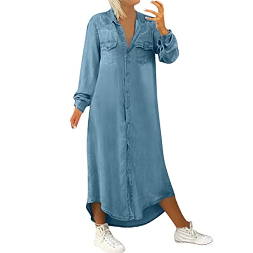 Jeanskleid Damen Sommer Langarm Lang Maxi Kleider Jeanskleider Casual Maxikleider Jeans-Kleider V-Ausschnitt Tunika Shirt Hemdkleid Blusenkleid-Shirtkleider Denim-Freizeitkleid von Generic