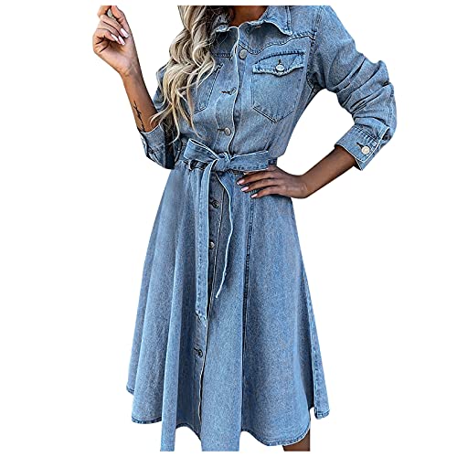 Jeanskleider Damen Sommer Knielang - Jeanskleid Langarm Mit Gürtel Blusenkleid Jeans Hemdkleid Lang Wickelkleid Midi Sommerkleid V Ausschnitt Elegant Freizeitkleid Mit Knöpfen Kleid von Generic
