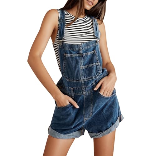 Jeanslatzhose Damen Vintage Latzhose Strapse Denim Kurz Hose Jumpsuit Verstellbarer Riemen Playsuit Loose Fit Jean Overalls Rompe mit Taschen (Blue, L) von Generic