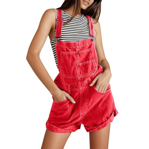 Jeanslatzhose Damen Vintage Latzhose Strapse Denim Kurz Hose Jumpsuit Verstellbarer Riemen Playsuit Loose Fit Jean Overalls Rompe mit Taschen (Red, XL) von Generic