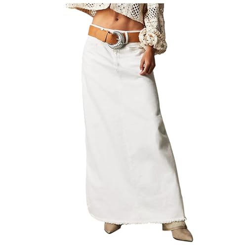 Jeansrock Damen Lang, Jeans Rock Midi, Maxirock Schwarz Blau Rot mit Taschen High Waist Röcke Große Größen Wickelrock für Frauen Skirt Swing Einfarbig Freizeitrock Sommerrock Herbstrock Elegant von Generic