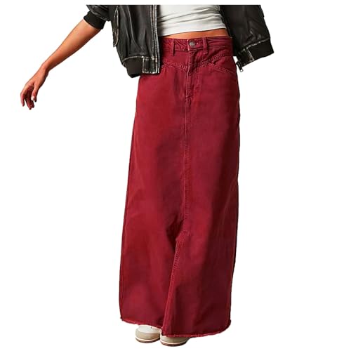 Jeansrock Damen Lang, Jeans Rock Midi, Maxirock Schwarz Blau Rot mit Taschen High Waist Röcke Große Größen Wickelrock für Frauen Skirt Swing Einfarbig Freizeitrock Sommerrock Herbstrock Elegant von Generic