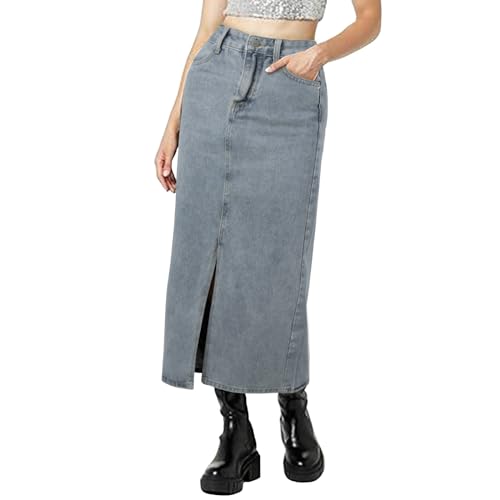 Jeansrock Damen Lang, Jeans Rock Midi, Maxirock Schwarz Blau mit Schlitz High Waist Röcke Taschen Bleistiftrock Wickelrock für Frauen Skirt Swing Freizeitrock Einfarbig Sommerrock Herbstrock Elegant von Generic