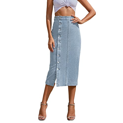 Jeansrock Damen Midi, Jeans Rock Knielang, Midirock Blau mit Schlitz High Waist Röcke Bleistiftrock Hosenrock Wickelrock für Frauen Skirt Swing Freizeitrock Einfarbig Sommerrock Herbstrock Elegant von Generic