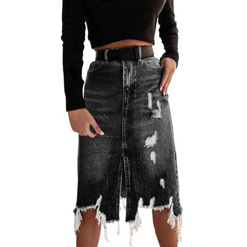 Jeansrock Damen Midi, Jeans Rock Knielang, Midirock Blau mit Schlitz High Waist Röcke mit Taschen Zerrissene Wickelrock für Frauen Skirt Swing Einfarbig Freizeitrock Sommerrock Herbstrock Elegant von Generic