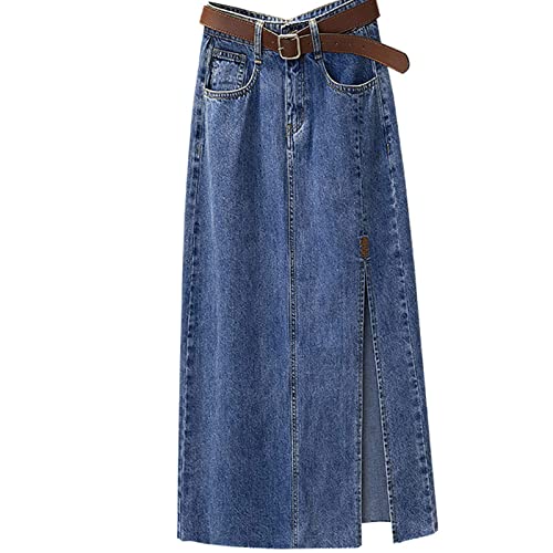 Jeansrock Damen Midi, Jeans Rock Lang, Midirock Blau mit Schlitz High Waist Röcke Taschen mit Gürtel Wickelrock für Frauen Skirt Swing Freizeitrock Einfarbig Sommerrock Herbstrock Elegant von Generic