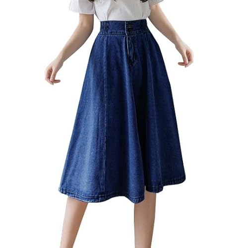 Jeansrock Damen Midi, Midirock A Linie. Jeans Rock Blau Knielang High Waist Röcke mit Knöpfen Elastische Taille Wickelrock für Frauen Skirt Swing Freizeitrock Einfarbig Sommerrock Herbstrock Elegant von Generic