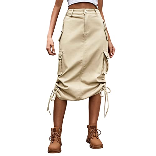 Jeansrock Damen Midi, Midirock mit Taschen, Jeans Rock Schwarz Beige Knielang High Waist Röcke Overall Bleistiftrock Wickelrock für Frauen Skirt Swing Freizeitrock Sommerrock Herbstrock Elegant von Generic