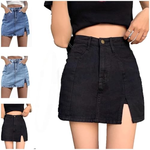 Jeansröcke für Damen, hoch taillierter, lässiger, dehnbarer Jeansrock, Trendiger Sommer-Jeansrock mit seitlichem Schlitz und Shorts darunter (Black,L) von Generic