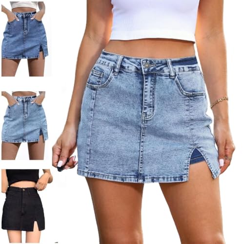Jeansröcke für Damen, hoch taillierter, lässiger, dehnbarer Jeansrock, Trendiger Sommer-Jeansrock mit seitlichem Schlitz und Shorts darunter (Light Blue,M) von Generic
