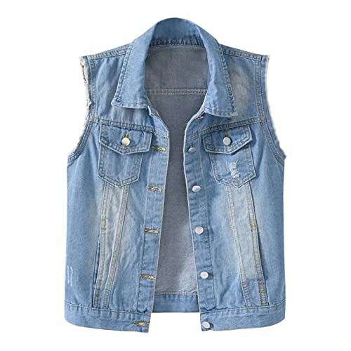 Jeansweste Damen ärmellos Große Größen, Vintage Jeansjacke Damen Sweatjacke Oversized Übergangsjacke Jeans Denim Jacket Frauen Destroyed Cut Out Look Weste Button Brusttasche von Generic