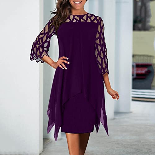 Jerseykleid Damen Langarm Frauen Perspektive Mesh Chiffon O-Ausschnitt Double Plus Size Kleid Rock Party Kleid Damen Langarm (Purple, XXXXXL) von Generic