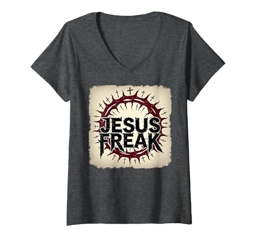 Jesus Freak Dornenkrone Christlicher Glaube, Jesus T-Shirt mit V-Ausschnitt, Damen, Anthrazit Meliert, S von Generic