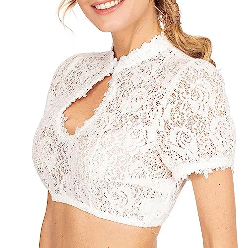 JiJiRuDU Dirndlbluse Damen Weiß Dirndl Bluse Spitze Trachtenbluse Trachtenmode Elegante Bluse Kurzarm Transparent Spitzendirndlbluse für Oktoberfest Dirndlbluse Spitze Dirndl Bluse Weiß Trachten von Generic
